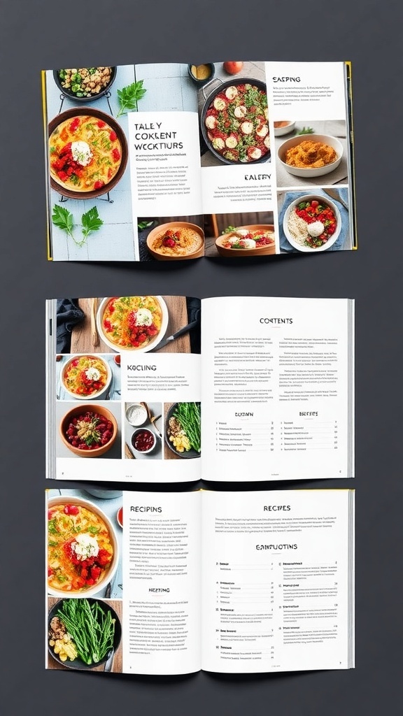 An aesthetically pleasing cookbook layout with colorful dish images, clear typography, and organized recipe pages.